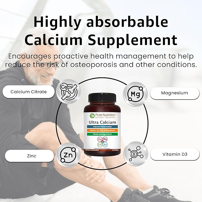Pure Nutrition Ultra Calcium 1000mg with VIT D3 + K2 | 120 Tab | Highly absorbable Calcium Supplement with Calcium Citrate Malate, VIT D3, K2, Moringa Oleifera, Magnesium and Zinc.