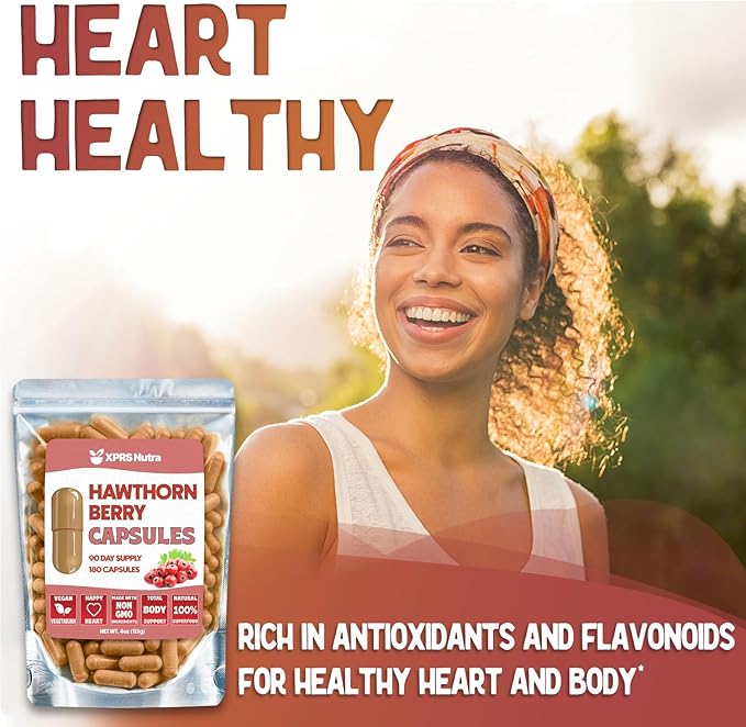 XPRS Nutra Hawthorn Berry Capsules - 180 Count (90 Day Supply) of Premium USDA Hawthorne Berry Capsules for Cardiovascular Support - Vegan Friendly Hearth Health Supplement