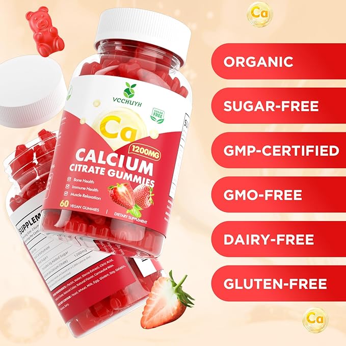 Calcium Citrate Gummies 1200mg, Chewable Calcium Supplements for Women & Men, Sugar Free Calcium Gummies for Bone, Muscle & Immune Support, Strawberry Flavor 120 Count