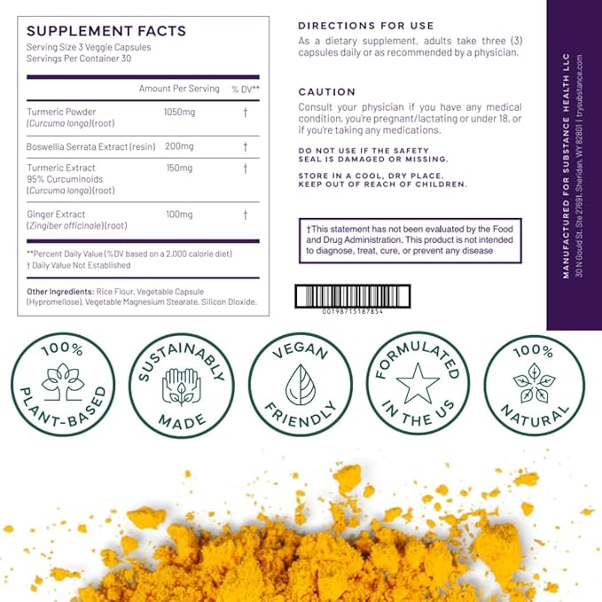 Nature’s Relief | Improve Body, Muscle & Joint Aches | Turmeric Curcumin, Boswellia & Ginger Supplement | Ease Discomfort & Increase Mobility | Non-GMO (30 Servings)