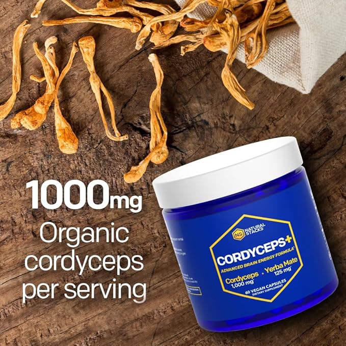 NATURAL STACKS CORDYCEPS + Lions Mane Mushroom Supplement Bundle - Supports Brain Energy and Memory* - 120 Mushroom Capsules