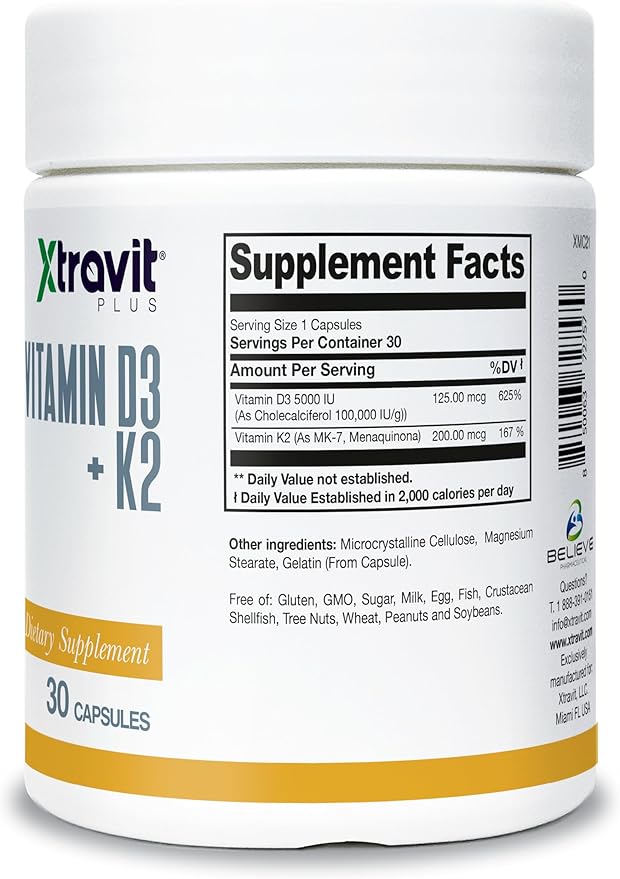Vitamin D3 + K2 Supplement – Natural Vitamins for Men & Women - May Support Bones, Immunity, Mood, & Heart - Non-GMO Supplements - No Fillers, 5000 IU of D3 & 200 mcg of K2, 30 Capsules