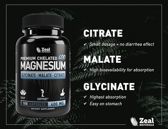 Premium Chelated Magnesium Glycinate, Malate, Citrate (400mg | 180 Capsules) Triple Blend Magnesium Complex