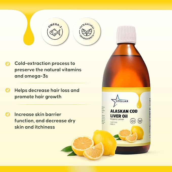 Stellar Alaskan Cod Liver Oil - Organic Lemon, 16.67 oz | Wild-Caught in USA | Rich in Omega-3 DHA/EPA & Vitamin D | Non-GMO Certified | Supports Heart, Brain & Immune Health