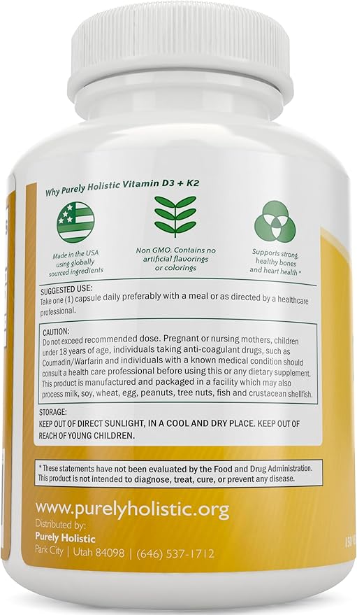 Purely Holistic Vitamin D3 125mcg and Vitamin K2 90mcg MK7-4 Month Supply 150 Vegetarian Capsules - Vitamin D3 & K2 Menaqunione - High Strength Cholecalciferol Made in The USA