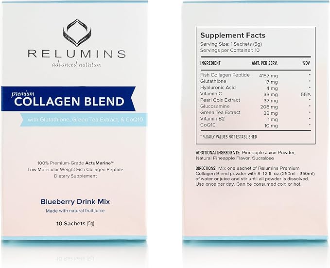 Relumins Marine Collagen Powder Drink Mix - Collagen Peptide with Glutathione, Green Tea, CoQ10, & Hyaluronic Acid Boosts Smooth Glowing Skin - 10 Powder Sachets x Pineapple Flavored