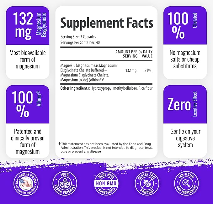 1 Body Magnesium Bisglycinate Supplement, 44 mg Pure Chelated Formula, 120 Capsules, Maximum Absorption, Muscle Cramp Relief