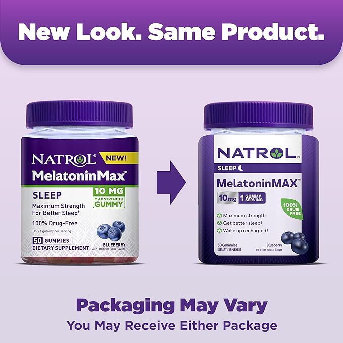 Natrol MelatoninMax Sleep Aid Gummy, 10mg per Gummy, Maximum Strength for Better Sleep, 10mg, 50 Blueberry Flavored Gummies (Pack of 12)