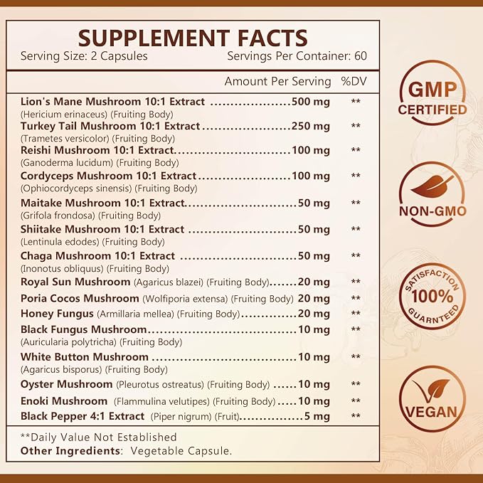 NATURE TARGET Mushroom Supplement, Mushroom Complex with Lion's Mane, Turkey Tail, Reishi, Cordyceps, Shiitake, 14-in-1 Mushrooms for Memory and Focus, 120 Capsules
