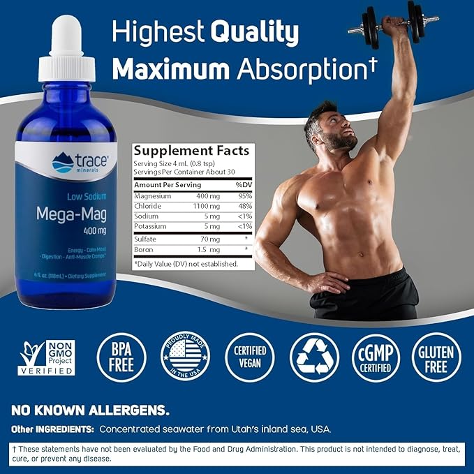 Trace Minerals Mega-Mag - Liquid Energy Support Supplement with Magnesium & Chloride - Healthy Bone & Muscle Function Support Formula - Supplement to Support Nerve Health - 4 fl oz (30 Servings)