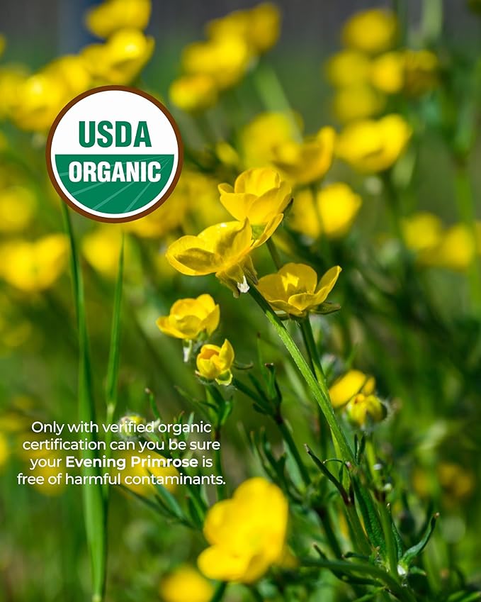 Organic Evening Primrose Oil Supplement, 940 mg 100% Pure with 10% GLA, High Absorption Liquid Organic Capsules, Promotes Women's Health & Skin Health, Cold Pressed, 60 Count