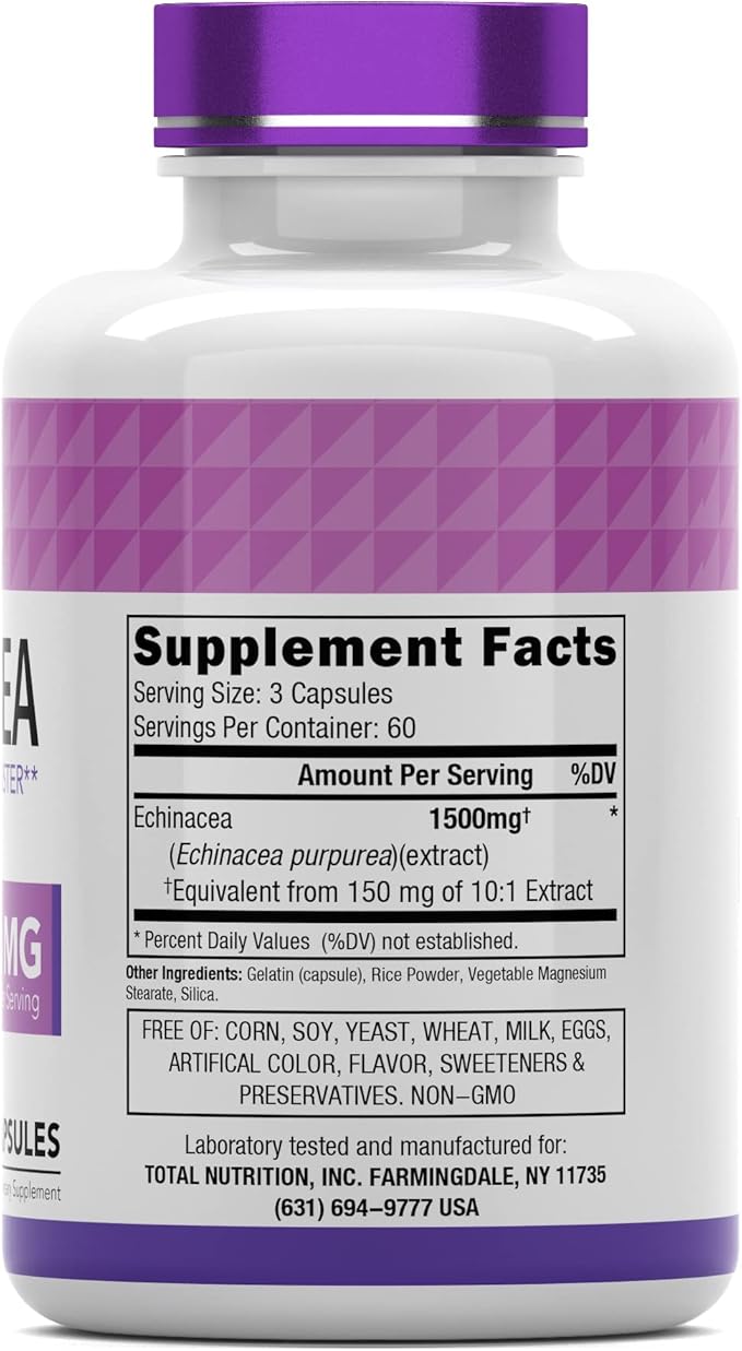 Echinacea Capsules (1500 MG - 180 Capsules) | Supports Health & Well-Being | Echinacea Root Herbal Extract Supplement | Produced in The USA