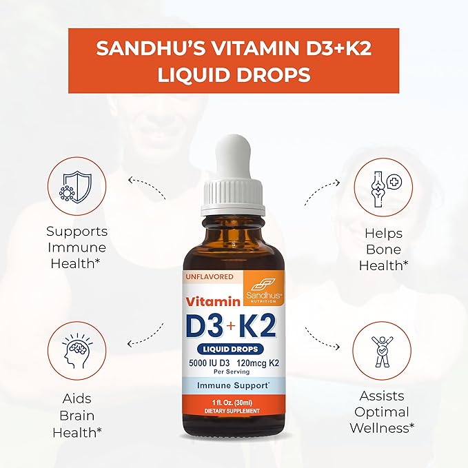 Sandhu's Vitamin d Drops for Adults | 5000 IU D3 Liquid, 120mcg K2 Supplement | D3K2 Supports Immune & Bone Health | Vitamin D3 K2 Drops for Faster Absorption | 1 Fl Oz