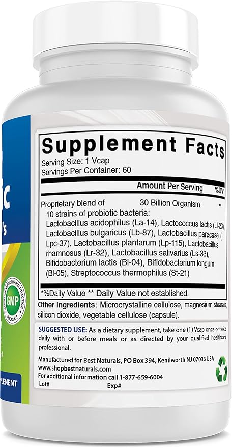 Best Naturals Probiotic 10 Strains & 30 Billion CFU Intestinal Flora, 60 Veggie Capsules (60 Count (Pack of 3))
