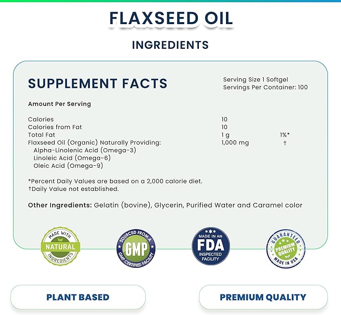 Organic Flaxseed Oil 1,000 mg Omega-3, Immune System Booster with Omega 3,6,9 from Natural ALA, Supports Healthy Hair, Skin and Nails, 100 Rich Liquid Softgels Per Bottle