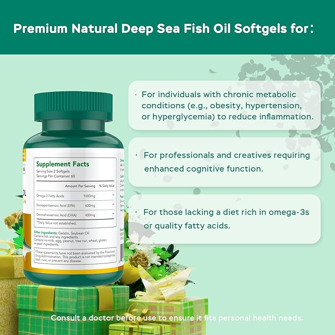 Omega-3 Wild Alaskan Fish Oil (1000mg) | Supports Heart, Brain & Joint Health (1 Bottle-60 Softgels-2mo Supply) | High EPA & DHA | Non-GMO & Gluten Free