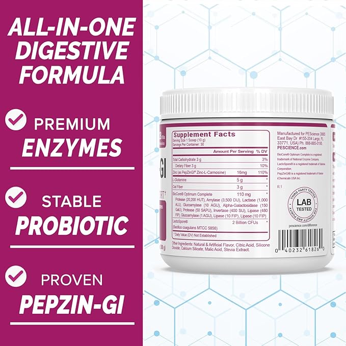 PEScience Complete-GI Gut Health Powder, Raspberry, Probiotics for Women and Men, Digestive Enzymes, Prebiotic Fiber, L Glutamine, Zinc Carnosine, 30 Servings