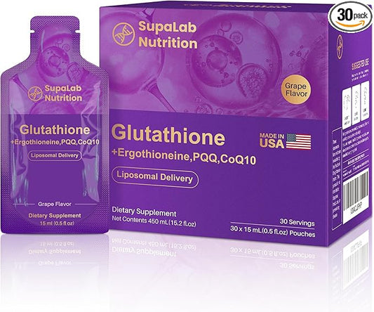 Liposomal Glutathione Supplement – 500mg Glutathione with PQQ, CoQ10 & Vitamin C – High Absorption Antioxidant for Immune & Energy Support – Grape Flavor, 30 Packets
