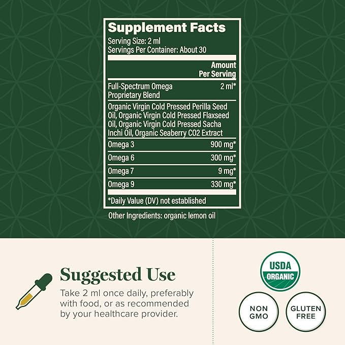 Global Healing Organic Omega 3 6 9 and 7 (Seaberry CO2 Extract) - Fish-Free, Non-GMO Omega 3 Supplement for Women & Men, Contains Perilla Seed & Flaxseed Oil - Fish Oil Alternative - 2 Fl Oz