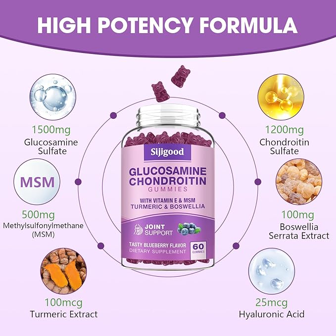 Glucosamine Chondroitin Gummies, Extra Strength Glucosamine Chondroitin MSM with Elderberry & Turmeric, Joint Health, Flexibility, Antioxidant, Immune for Adults - 60 Blueberry Flavored Gummies