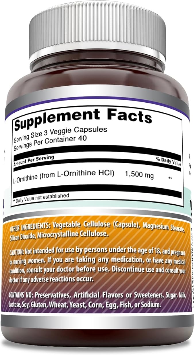 Amazing Formulas L-Ornithine 1500 Mg Per Serving Veggie Capsules Supplement | Non-GMO | Gluten Free | Made in USA (120 Count)