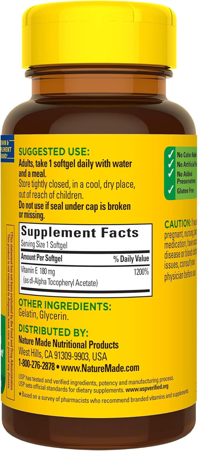 Nature Made Vitamin E 180 mg (400 IU) dl-Alpha, Dietary Supplement for Antioxidant Support, 100 Softgels, 100 Day Supply
