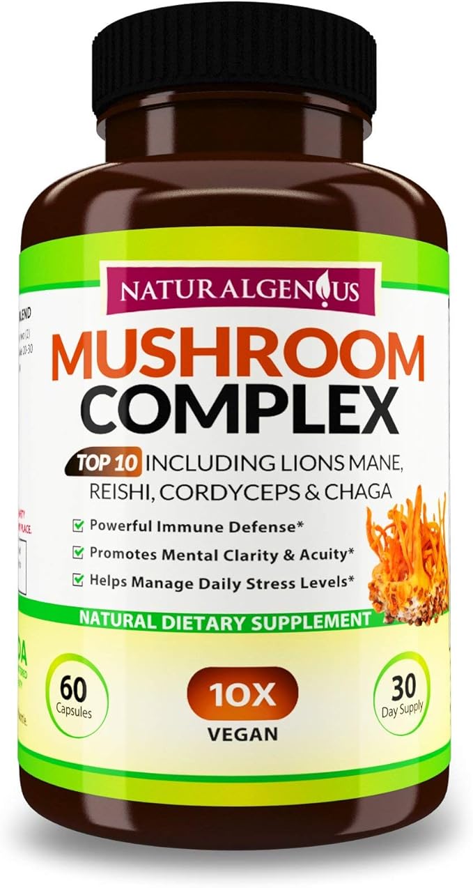 Natural Genius Top 10 Mushroom Extracts - White Button, Lions Mane, Cordyceps, Chaga, Reishi Plus - Immune Booster, Nootropic