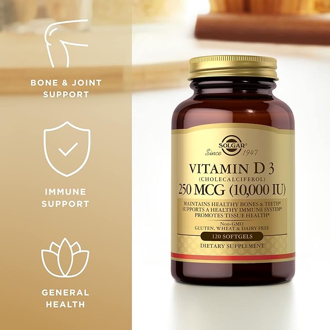 SOLGAR Vitamin D3 (Cholecalciferol) 250 MCG (10,000 IU), 120 Softgels - 3 Pack - Helps Maintain Healthy Bones & Teeth - Immune System Support - Non-GMO, Gluten Free, Dairy Free - 360 Total Servings