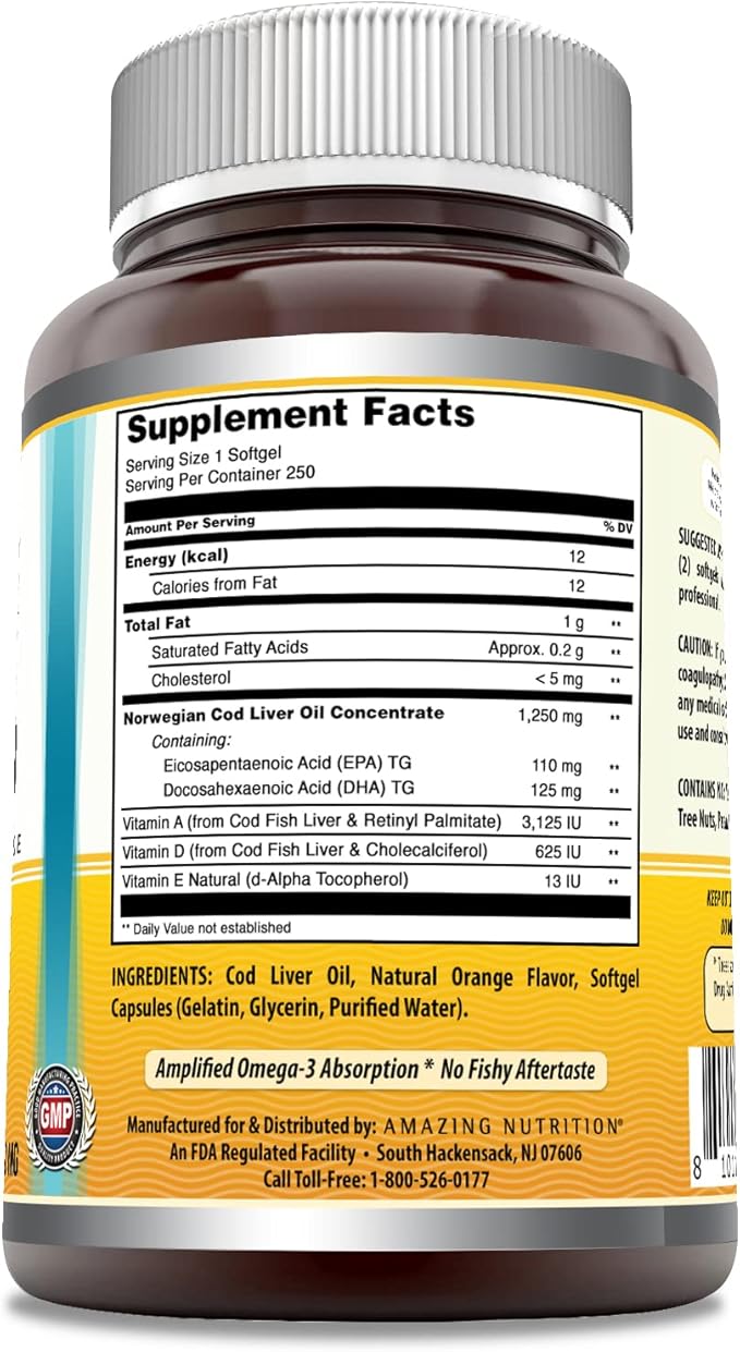 Amazing Omega Norwegian Cod Liver Oil 1250 Mg Softgels Supplement | Omega-3, EPA, DHA, Vitamin A, Vitamin D & Vitamin E (Orange | 250 Count)