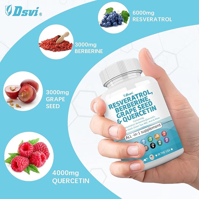 60 Capsules Resveratrol 6000mg Berberine 3000mg Grape Seed Extract 3000mg Quercetin 4000mg Green Tea Extract Polyphenol Supplement with N-Acetyl Cysteine Acai Extract for Women and Men,USA