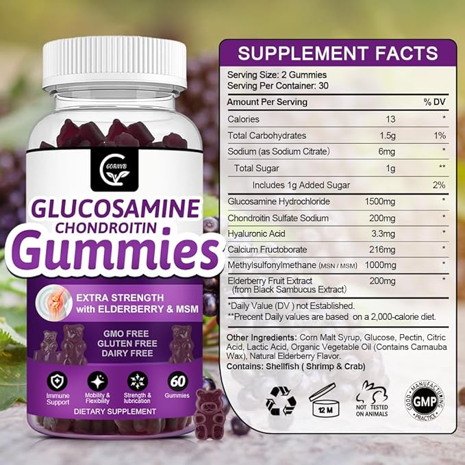 Glucosamine Chondroitin Gummies with MSM & Elderberry – Extra Strength Mobility & Flexibility Support, Antioxidant Immune Supplement for Adults, Men & Women - 60 Chondroitin Gummies (3 Pack)