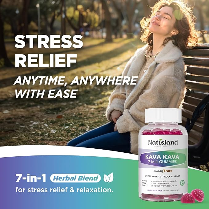 Chewable Kava Kava Gummies, Kava Kava Root Extract with Ashwagandha & L-Theanine, Kava Supplement for Women & Men, 7-in-1 Herbal Blend for Stress Relief & Relaxation, Sugar-Free, Vegan, 60 Ct