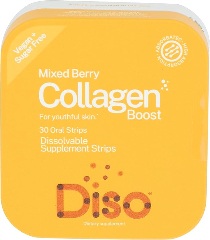 DISO - Collagen Boost - Dissolvable Oral Supplement Strips, Mixed Berry Flavor, Vegan, Sugar Free, Maximum Absorption to Help Produce Collagen, Gluten Free, Individually Wrapped, 30 ct