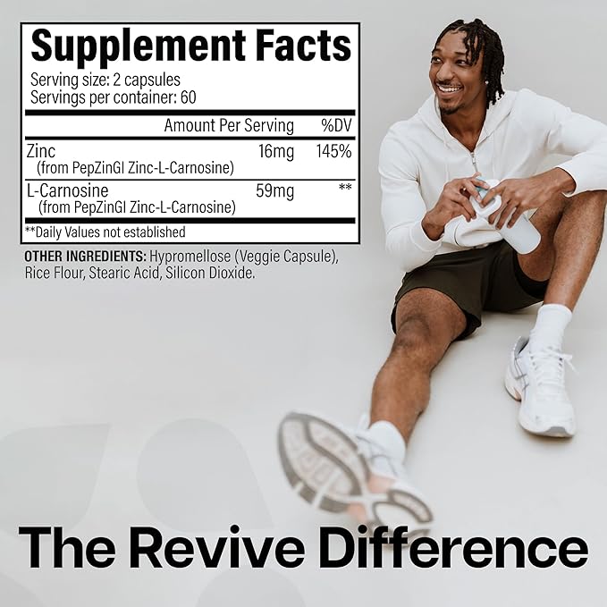 Revive MD Zinc Carnosine Supplement for Men & Women - Zinc & L-Carnosine to Support GI, Stomach Lining & Immune Health - Digestive Health Supplements Supports a Healthy Gut - 120 Vegetarian Capsules