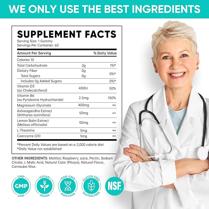 Venture Pal 60 Day Supply Magnesium Glycinate Gummies with Ashwagandha for Adults and Kids, L-Theanine, CoQ10, Sugar Free Magnesium Supplement 400mg for Calm Mood & Sleep, Gluten-Free & Vegan