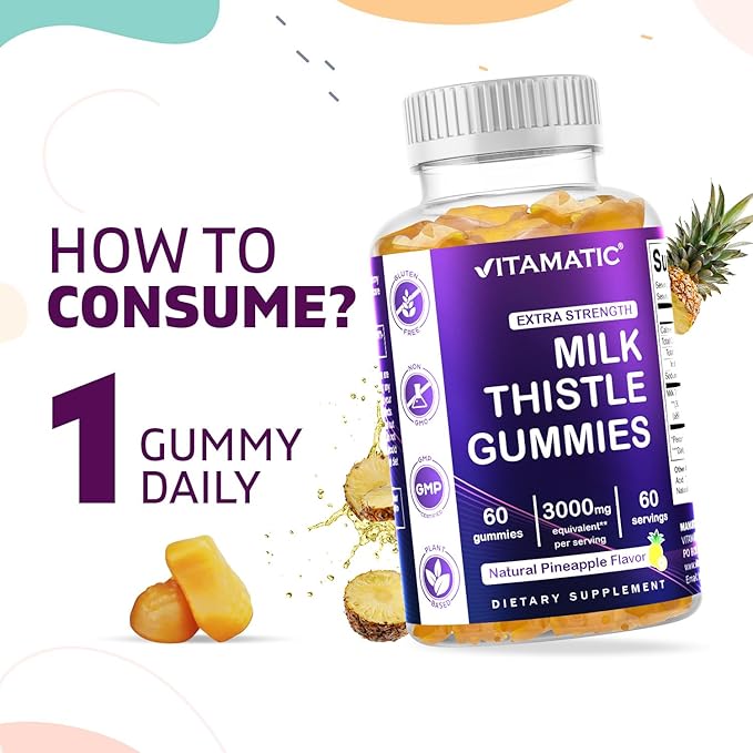 Vitamatic 2 Pack Milk Thistle Gummies- 10000 mg Equivalent Per Serving (from 50:1 Extract 200 mg)- Liver Detox & Anti Oxidant Health - Min. 80% Silymarin Flavonoids - 60 Pectin Based Gummies
