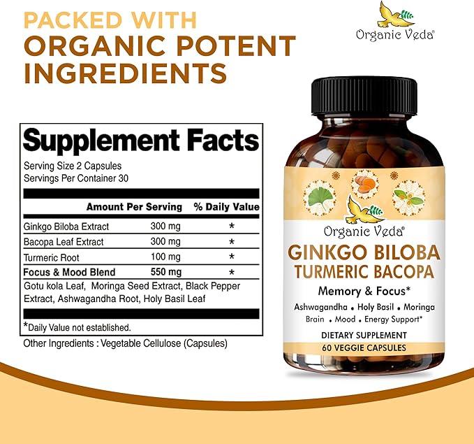 Organic Veda Ginkgo Biloba Turmeric Bacopa Brain Supplement for Memory, Mood & Focus with Ashwagandha - Concentration, Energy & Brain Booster, Healthy Joints & Circulation Support - 60 Vegan Capsule