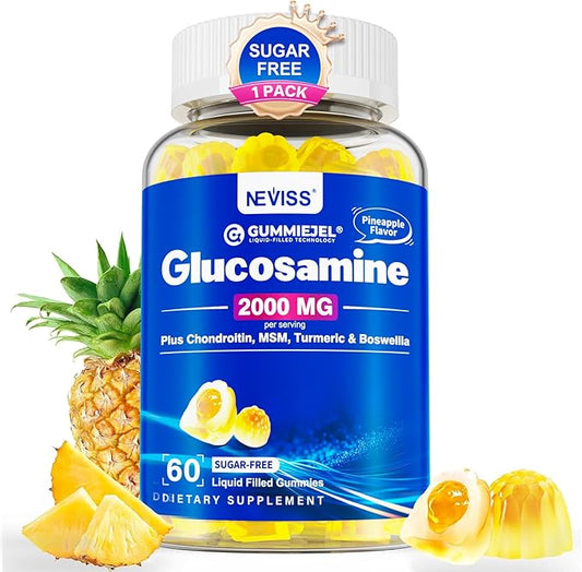 NEVISS Sugar Free Glucosamine Filled Gummies 2000MG - Glucosamine Chondroitin MSM Supplement - Plus Turmeric, Boswellia, Hyaluronic Acid & Vitamin D3, Chewable Glucosamine for Women & Men, 60Cts
