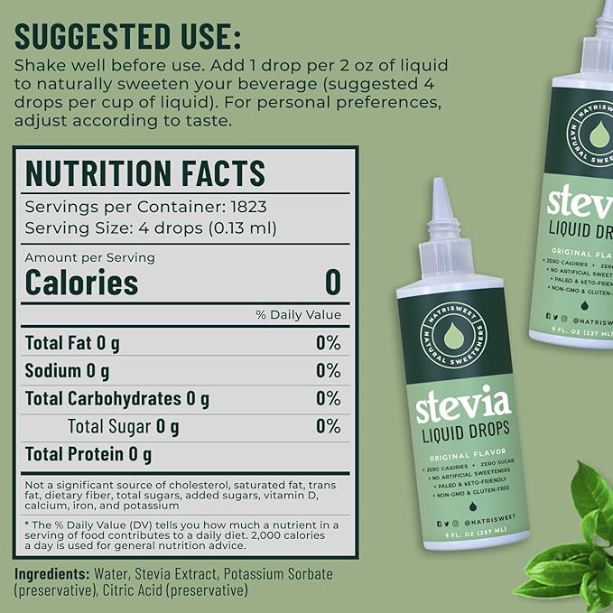 Stevia Liquid Drops, 8 Fl oz, 1823 Servings, Pure Concentrated Drops with Zero Calories & Zero Carbs, Delicious Sugar Substitute Great for Keto & Paleo Diets, by Natrisweet