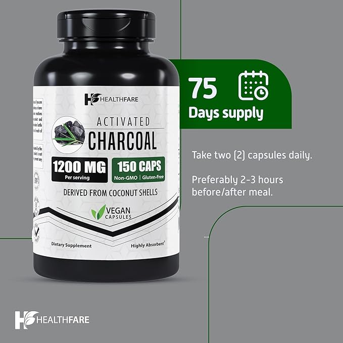 Activated Charcoal Capsules 1200mg | 150 Veg Capsules | Derived from Coconut Shells | Highly Absorbent | Non-GMO | Made in The USA