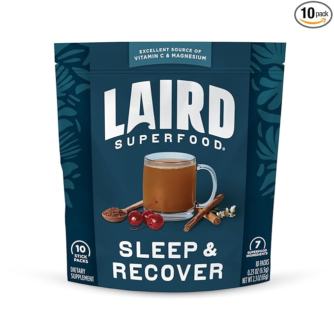 Laird Superfood Sleep & Recover, Bedtime Powdered Drink Mix Calming Supplement to Support Relaxation and Sleep with Tart Cherry and Chamomile, 0.3 Oz Packet, Pack of 10