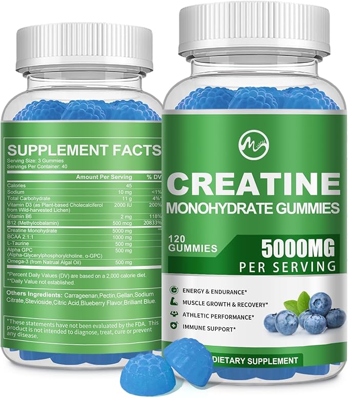 Creatine Monohydrate Gummies - 5000mg Creatine Monohydrate for Men & Women, with BCAA, L-Taurine, Alpha GPC and Omega-3, Increase Strength and Build Muscle, Blueberry Flavor, 120 Gummies