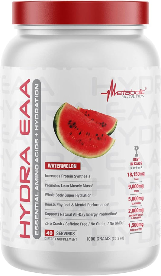 Metabolic Nutrition Hydra EAA, 1000g of Essential Amino Acids + Hydration, EAAs, BCAAs, Glutamine, Electorlytes, Coconut Water & Glycerol, Amazing Flavors (Watermelon, 1000g)
