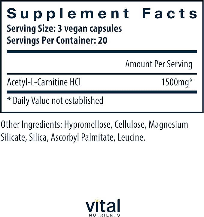 Vital Nutrients Acetyl L-Carnitine 500mg | Brain, Memory, and Cognitive Support Supplement* | Vegan | Gluten, Dairy, Soy Free | Non-GMO | 60 Capsules