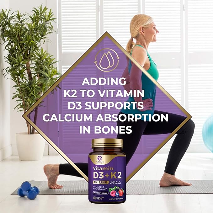 Vitamin D3 5000 iu Plus K2 (MK-7) 100 mcg - 2 in 1 Vitamins D & K Complex - Supports Calcium Absorption, Bone, Immune, & Heart Health – Made in the USA, Non-GMO, Easy to Swallow, 120 Chewable Tablets