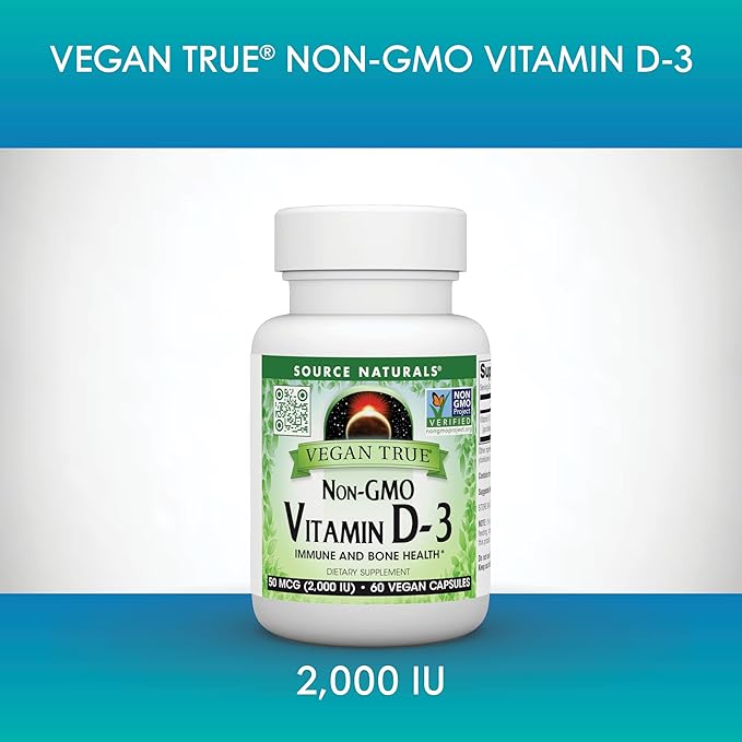 Source Naturals Vegan True, Non-GMO Vitamin D-3, Dietary Supplement for Immune and Bone Health*, 2,000 IU - 60 Capsules