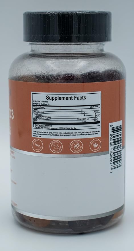 Vitamin D Gummies for Adults (Vitamin D3 2000 IU). Gelatin-Free, Gluten-Free & Non-GMO Vitamin D Gummy. Supports Bones, Muscles, and Immune System. 45 Day Supply. D3 Gummies for Adults