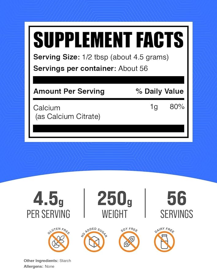 BulkSupplements.com Calcium Citrate Powder - Calcium Supplement, High Bioavailable - Unflavored & Gluten Free, 4.5g per Serving, 250g (8.8 oz) (Pack of 1)