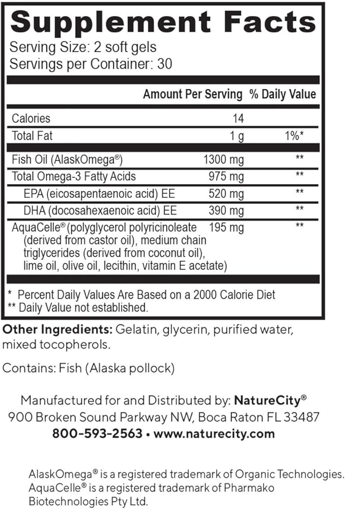 NatureCity True-Omega-3 975mg Omega-3 Fish Oil Supplements with Enhanced Absorption from AquaCelle for Heart, Brain & Joint Support (60 SoftGels) Burpless Fish Oil Pills