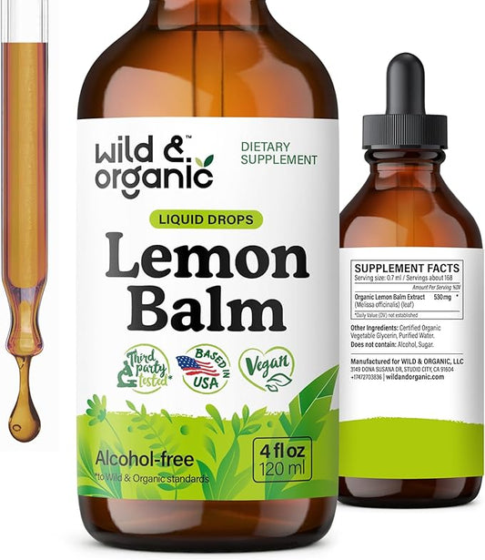 Wild & Organic Lemon Balm Tincture - Mood Support Supplement - Melissa Lemon Balm Leaf Extract Drops - Vegan, Sugar & Alcohol-Free Calming Supplement - 4 fl oz